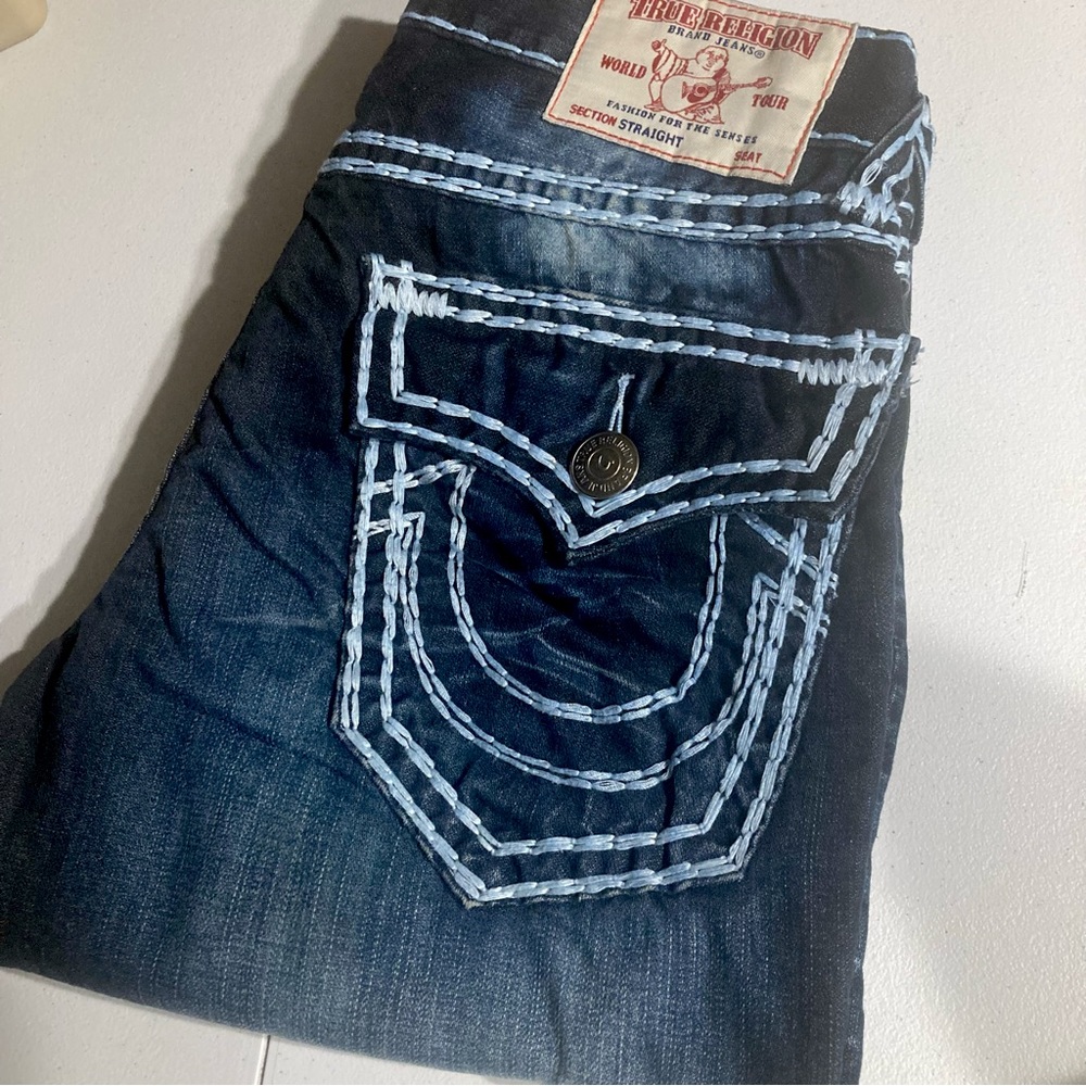 SOLD! Straight SuperQT in “DEEP LAGOON” wash True Religion size 30x32 unaltered!
